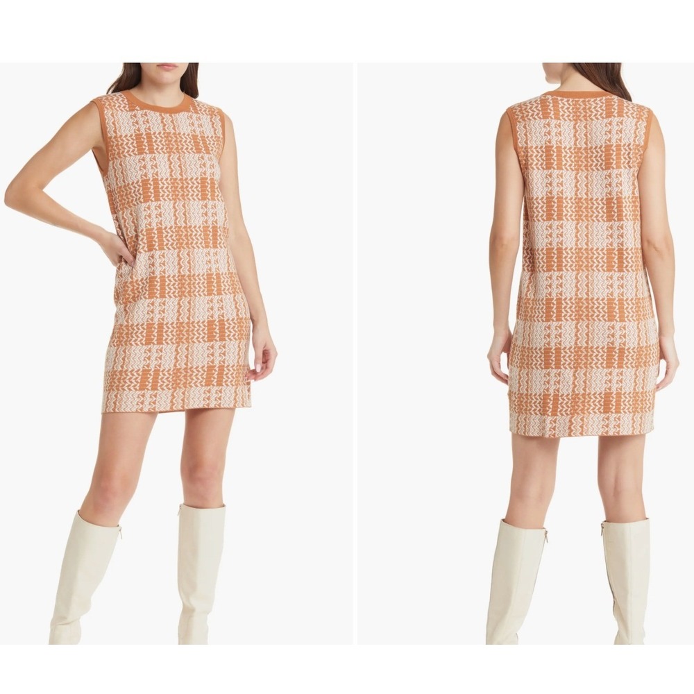 Treasure Bond Wavy Check Knit‎ Sweater Mini Dress Orange White Sleeveless S
